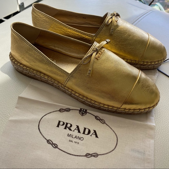 NWOT Prada Gold Metallic Leather Cap-Toe Flat Espadrille - Picture 13 of 15